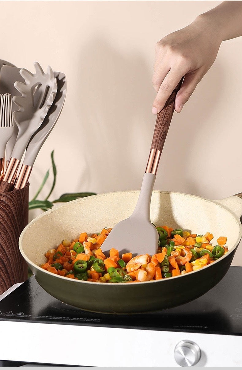 Silicone Kitchen Utensil Set - Wood Grain Handles