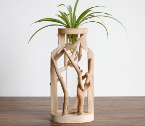 Wood Vase with Glass Hydroponic Container - Home Decor
