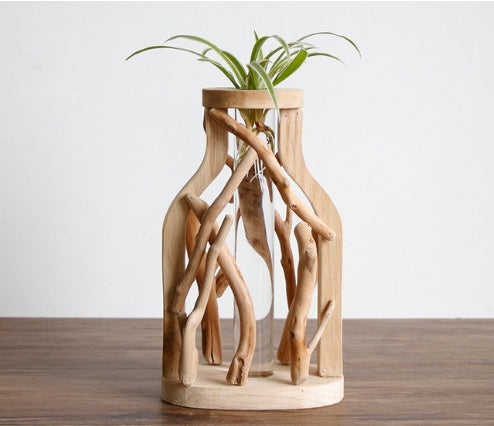 Wood Vase with Glass Hydroponic Container - Home Decor