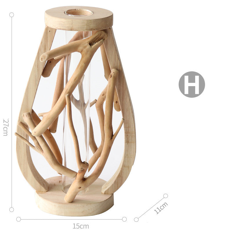 Wood Vase with Glass Hydroponic Container - Home Decor