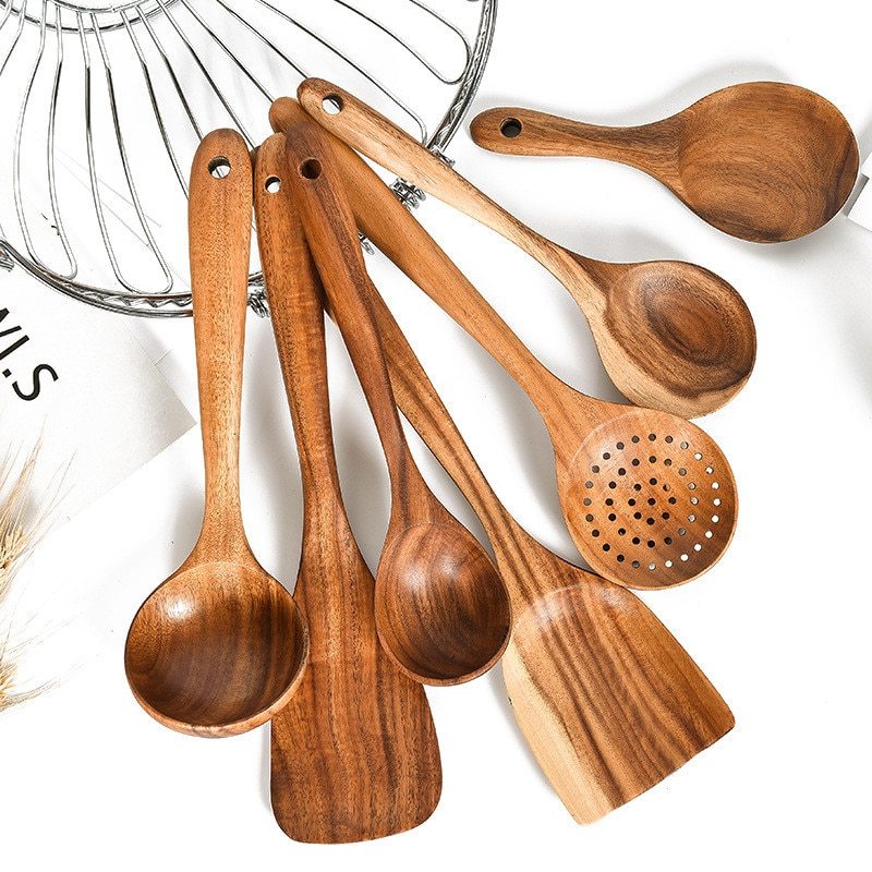 Teak Wood Cooking Tool Set - Wooden Kitchen Utensils