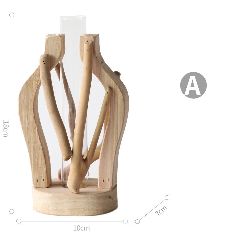 Wood Vase with Glass Hydroponic Container - Home Decor