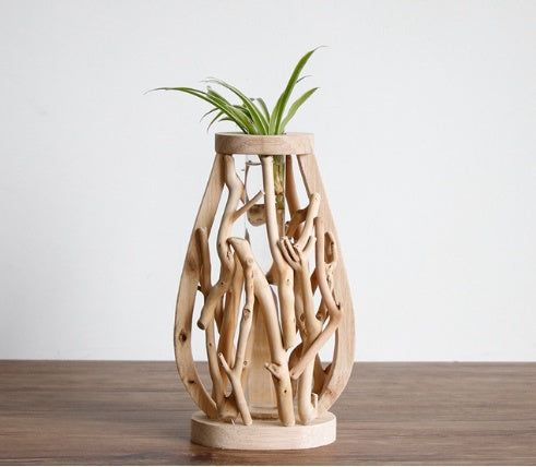 Wood Vase with Glass Hydroponic Container - Home Decor
