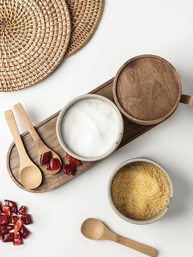 Ceramic Seasoning Pot Set - Acacia Wood Tray