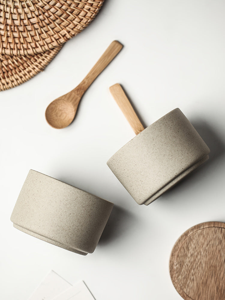 Ceramic Seasoning Pot Set - Acacia Wood Tray