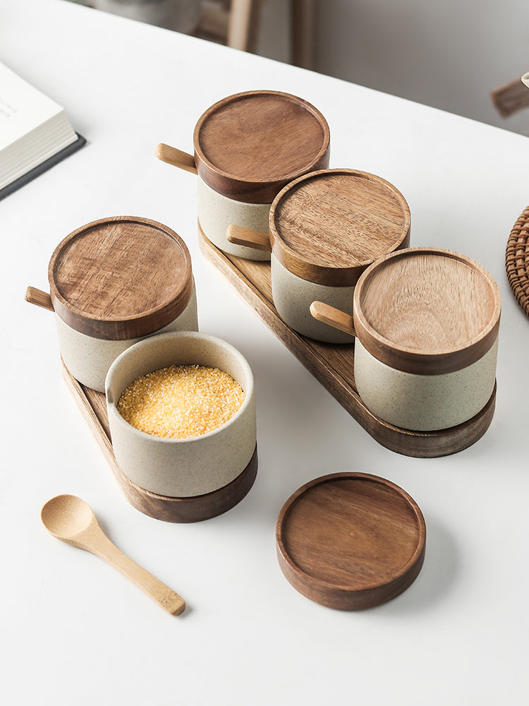 Ceramic Seasoning Pot Set - Acacia Wood Tray