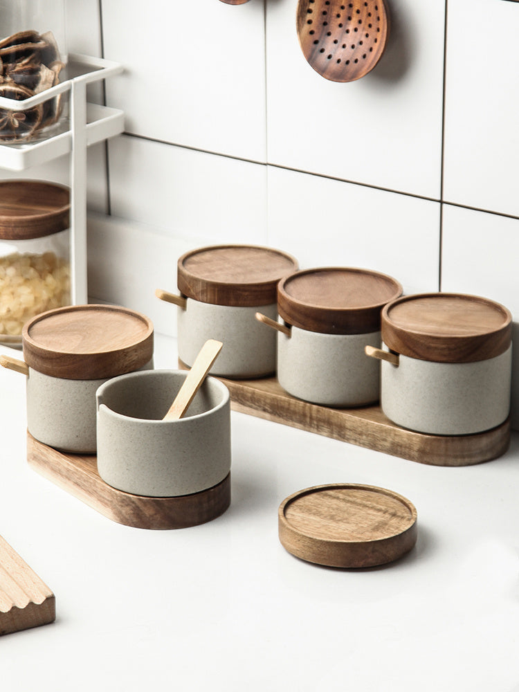 Ceramic Seasoning Pot Set - Acacia Wood Tray