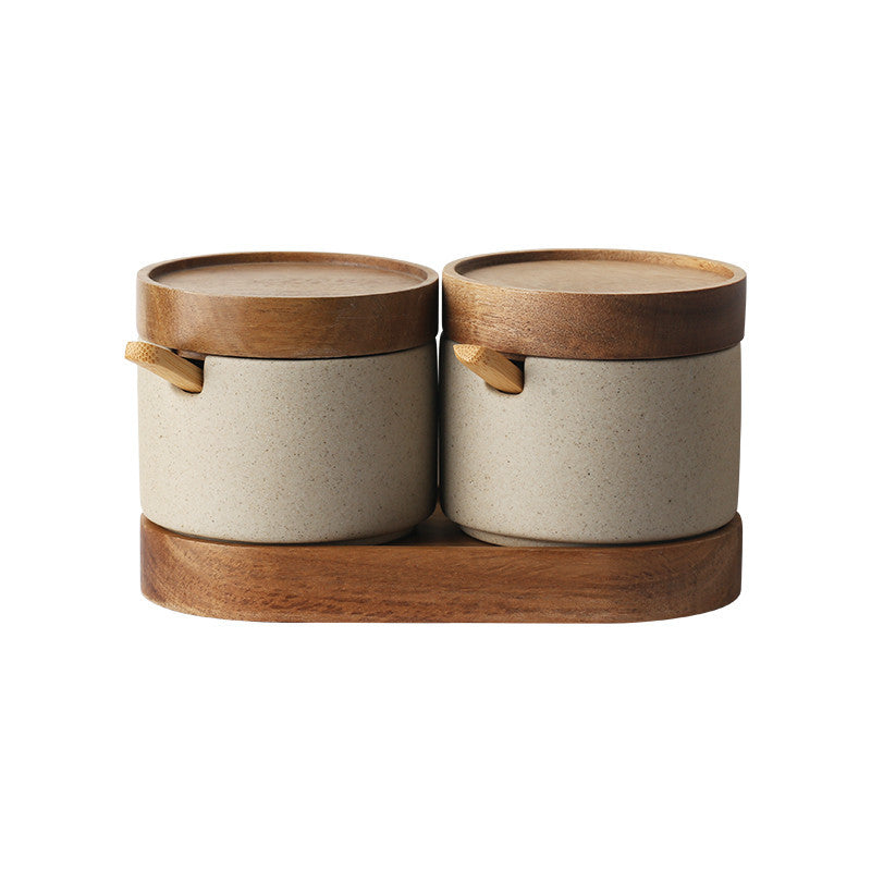 Ceramic Seasoning Pot Set - Acacia Wood Tray