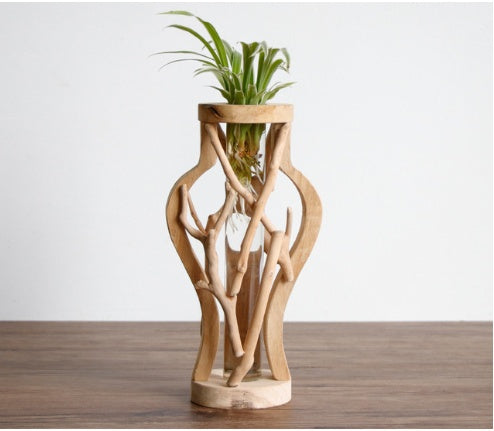 Wood Vase with Glass Hydroponic Container - Home Decor