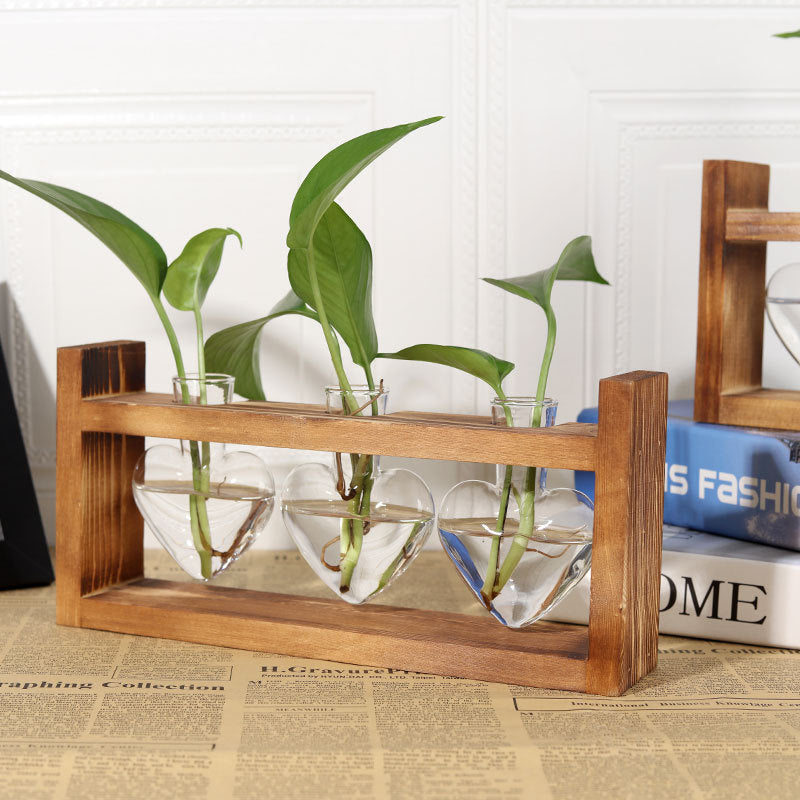 Heart Hydroponic Vase - Glass & Wood Planter