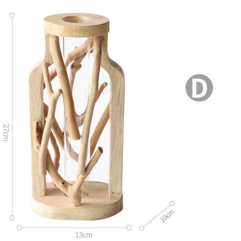 Wood Vase with Glass Hydroponic Container - Home Decor