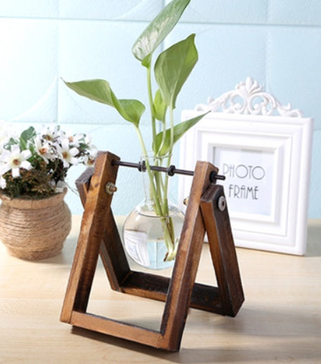 Glass & Wood Hydroponic Vase - Desktop Plant Terrarium