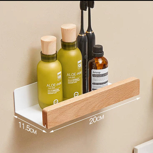 Solid Wood Bathroom Shelves - Non-Drill Storage