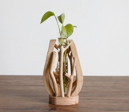 Wood Vase with Glass Hydroponic Container - Home Decor