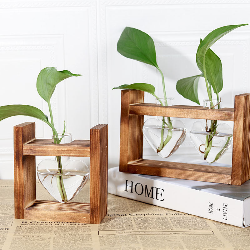Heart Hydroponic Vase - Glass & Wood Planter