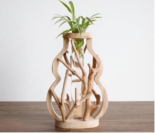Wood Vase with Glass Hydroponic Container - Home Decor