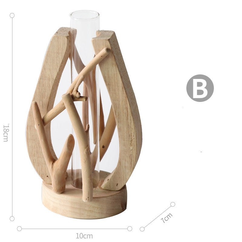 Wood Vase with Glass Hydroponic Container - Home Decor