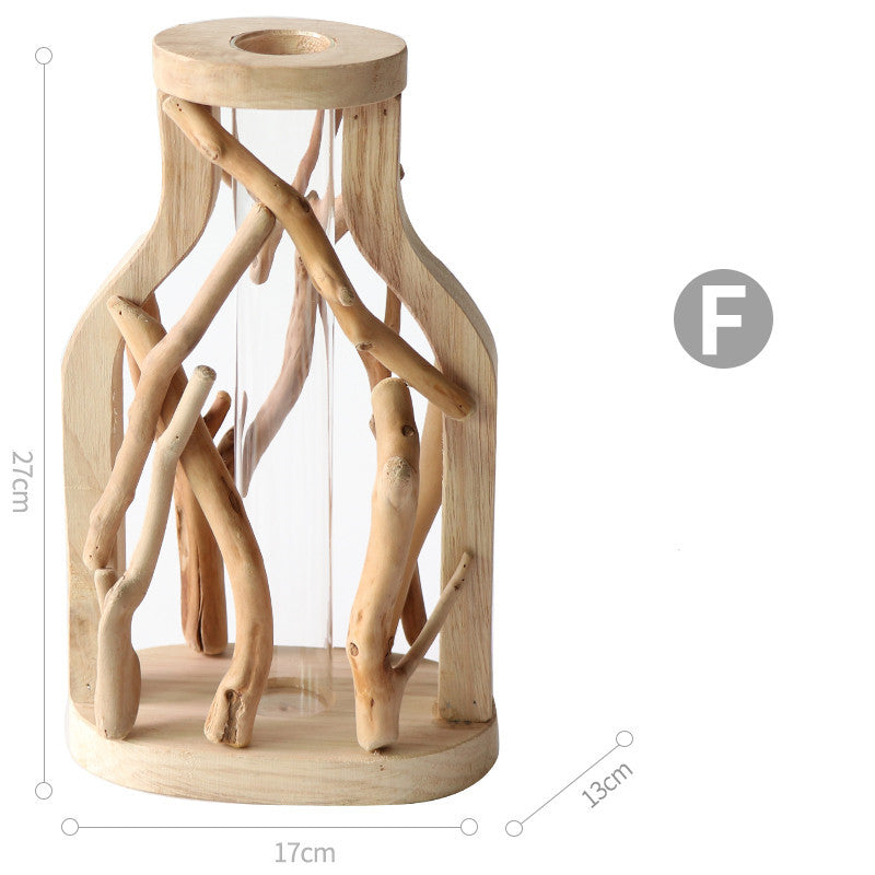 Wood Vase with Glass Hydroponic Container - Home Decor