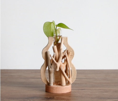 Wood Vase with Glass Hydroponic Container - Home Decor