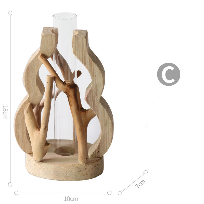 Wood Vase with Glass Hydroponic Container - Home Decor
