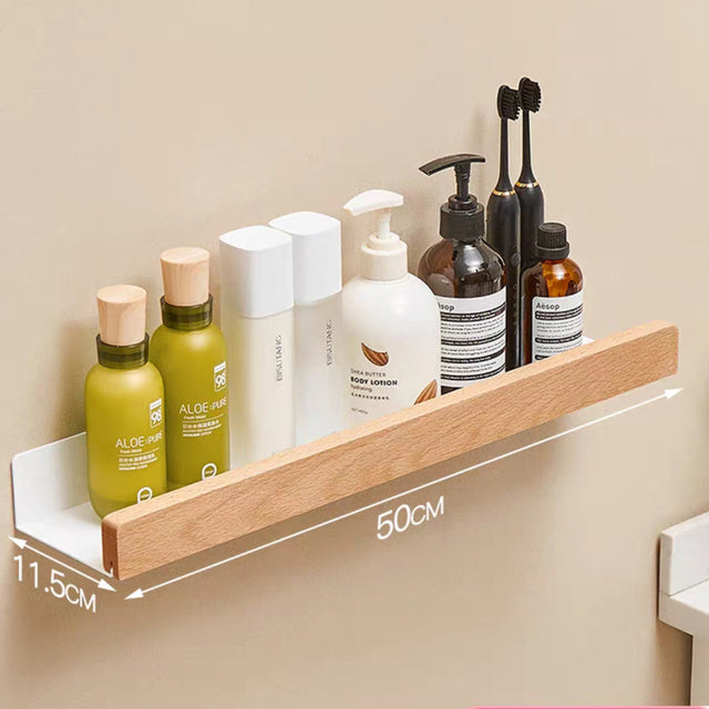 Solid Wood Bathroom Shelves - Non-Drill Storage