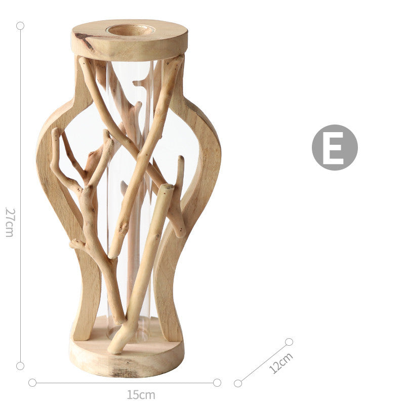 Wood Vase with Glass Hydroponic Container - Home Decor