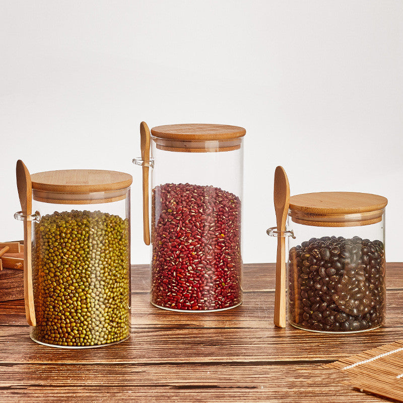 Wood Spoon & Glass Storage Tank Set - Kitchen Organizer