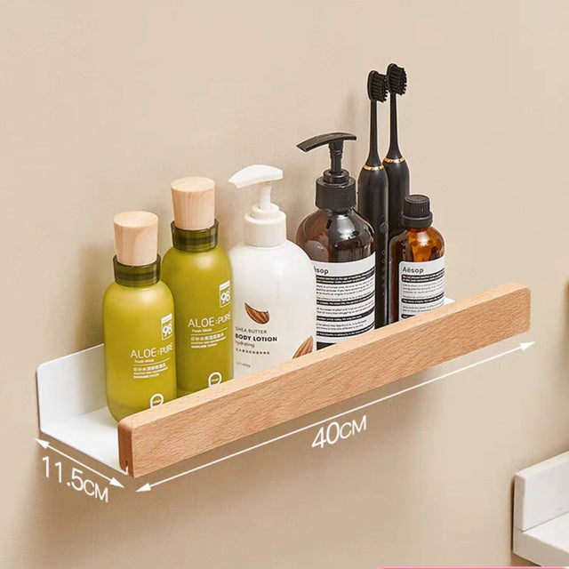 Solid Wood Bathroom Shelves - Non-Drill Storage