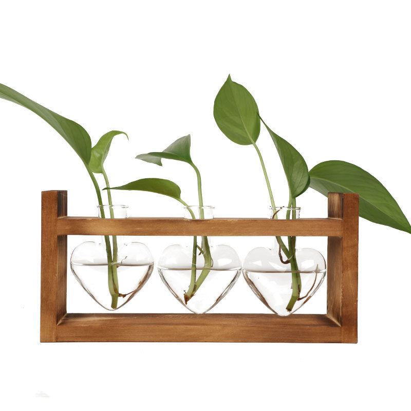 Heart Hydroponic Vase - Glass & Wood Planter
