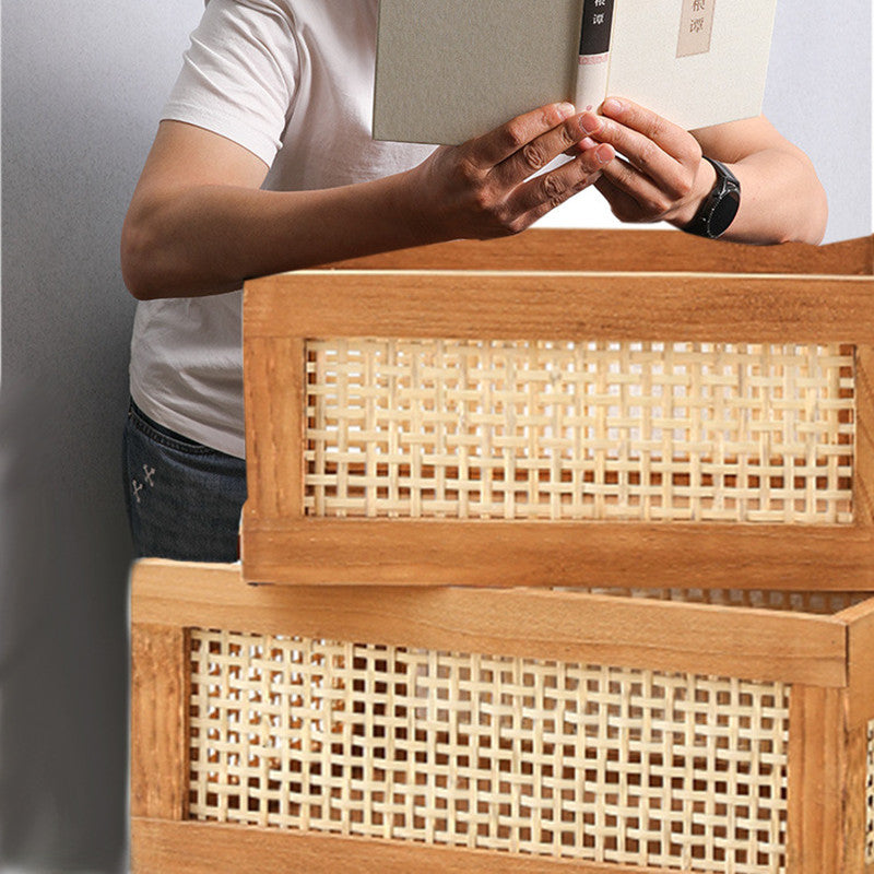 Retro Wood & Bamboo Storage Basket - Vintage Organizer