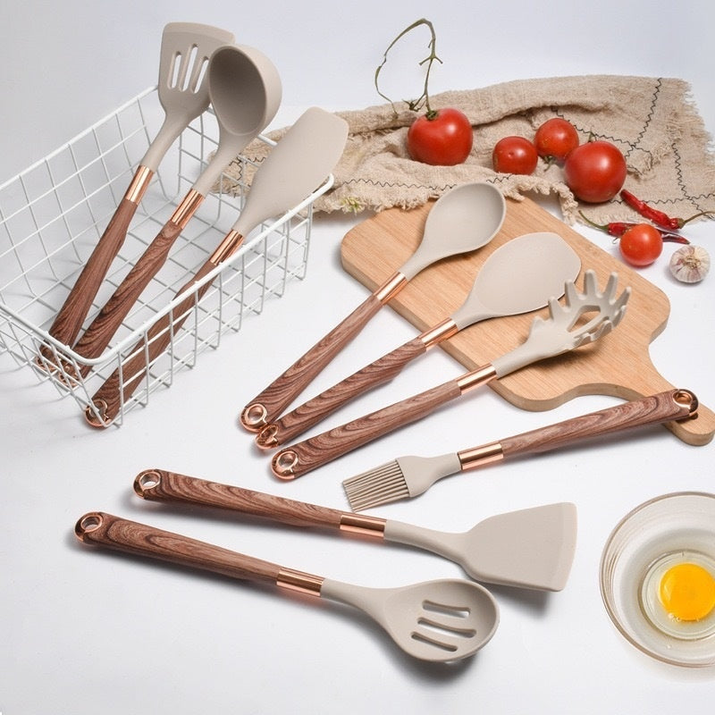 Silicone Kitchen Utensil Set - Wood Grain Handles