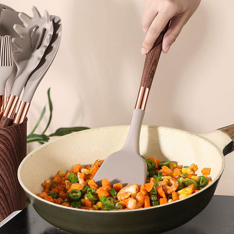 Silicone Kitchen Utensil Set - Wood Grain Handles