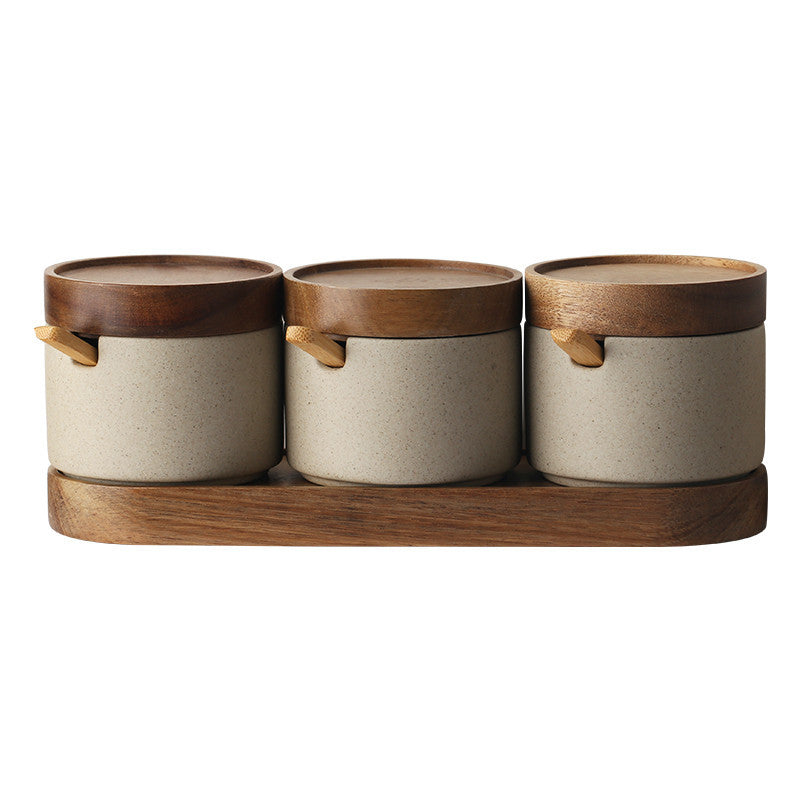Ceramic Seasoning Pot Set - Acacia Wood Tray