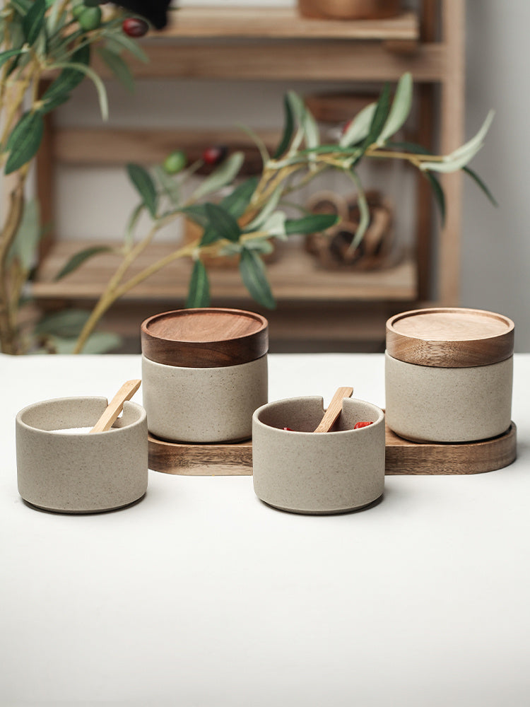 Ceramic Seasoning Pot Set - Acacia Wood Tray