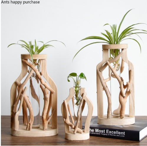 Wood Vase with Glass Hydroponic Container - Home Decor