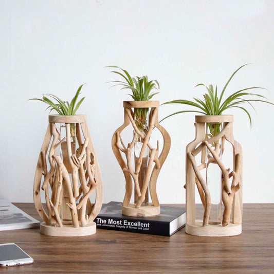Wood Vase with Glass Hydroponic Container - Home Decor