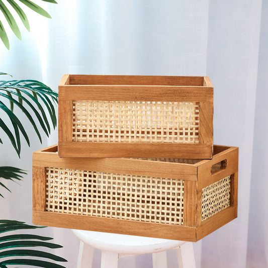Retro Wood & Bamboo Storage Basket - Vintage Organizer