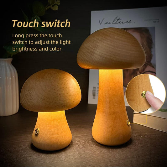 Wooden Mushroom LED Night Light - Touch Switch