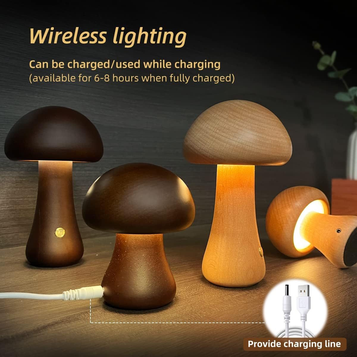 Wooden Mushroom LED Night Light - Touch Switch