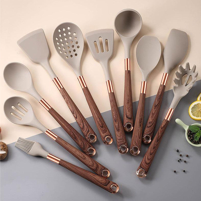 Silicone Kitchen Utensil Set - Wood Grain Handles