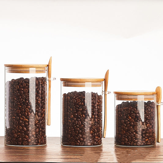 Wood Spoon & Glass Storage Tank Set - Kitchen Organizer