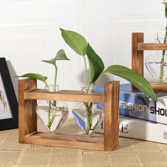 Heart Hydroponic Vase - Glass & Wood Planter