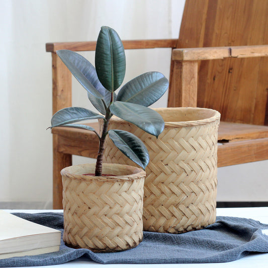 Bamboo Basket Planter - Retro Vintage Flower Pot