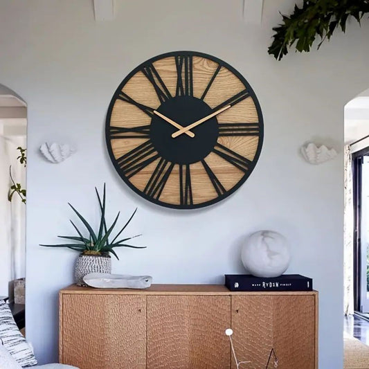 Retro Wood & Iron Wall Clock - Silent Timepiece