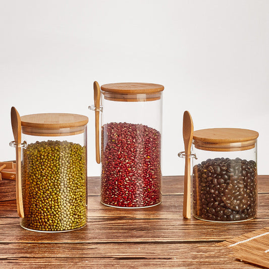 Wood Spoon & Glass Storage Tank Set - Kitchen Organizer