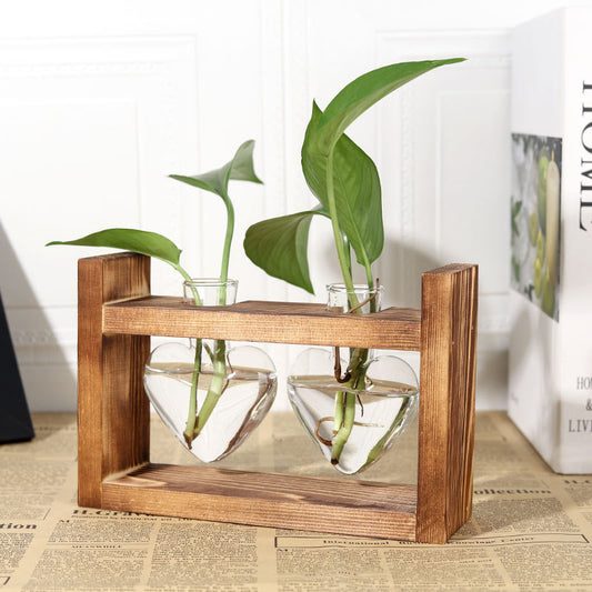 Heart Hydroponic Vase - Glass & Wood Planter
