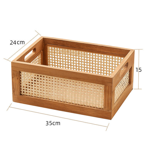 Retro Wood & Bamboo Storage Basket - Vintage Organizer