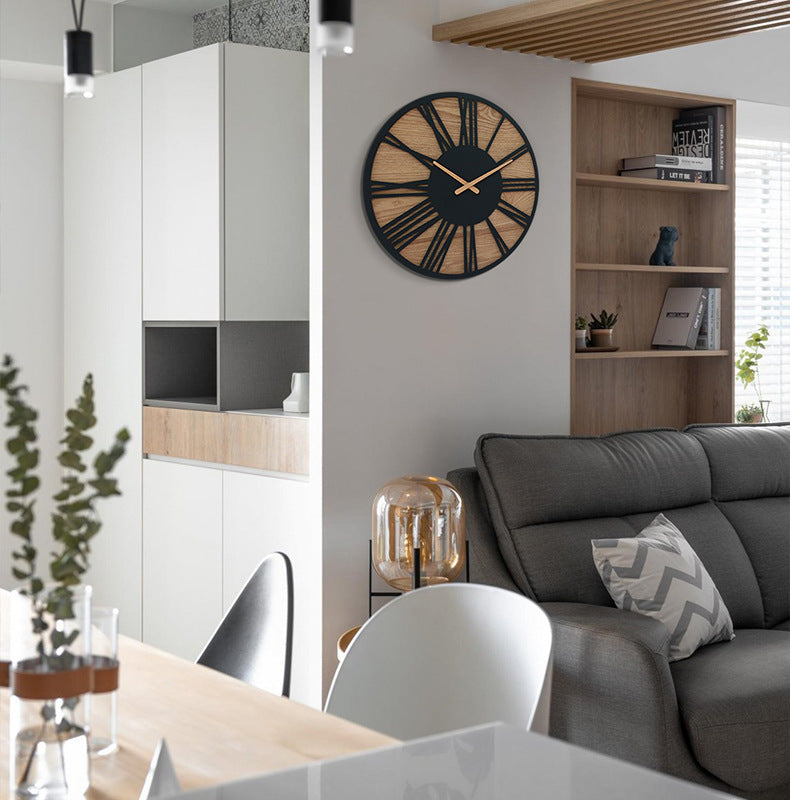 Retro Wood & Iron Wall Clock - Silent Timepiece