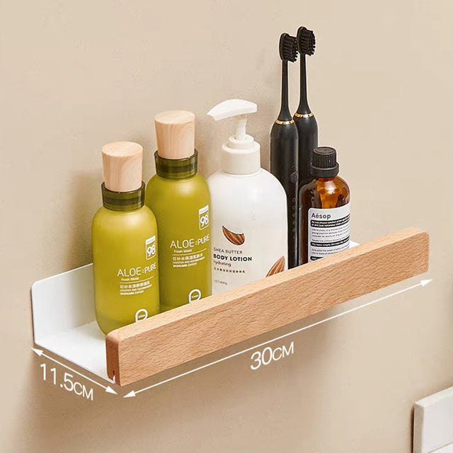 Solid Wood Bathroom Shelves - Non-Drill Storage