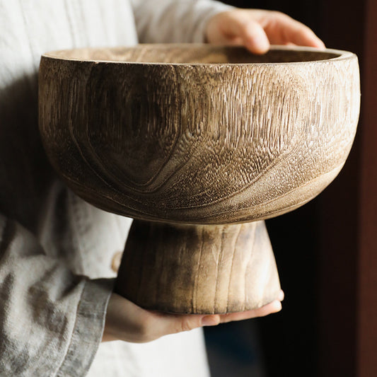 Wood High Foot Basin - Carbonized Fruit Wood Plate
